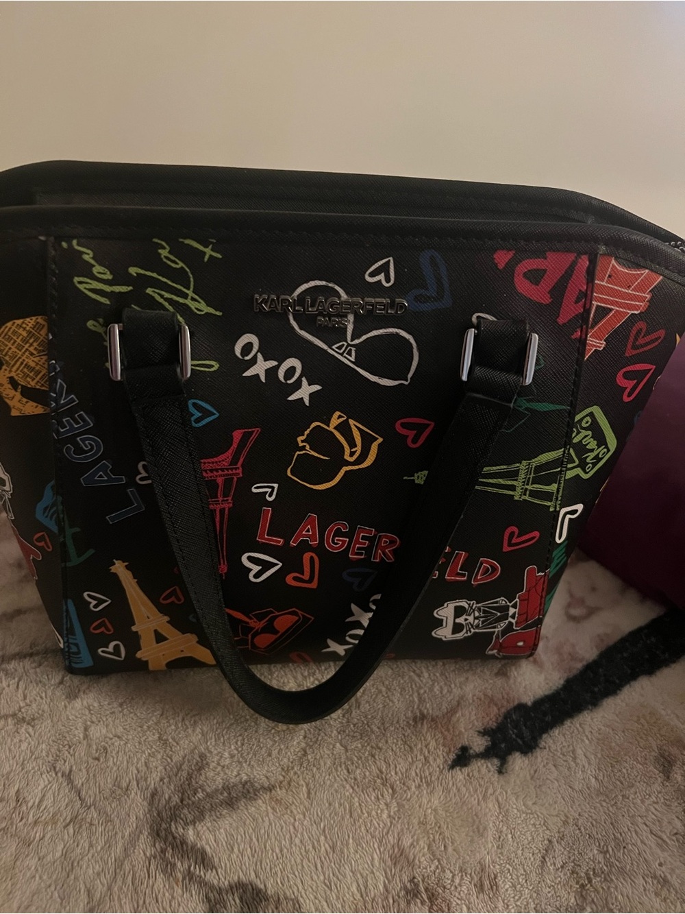 Karl Lagerfeld Black Tote with Multicolor Eiffel Tower and Heart Graphics